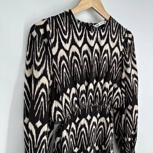 ZARA Cut-Out Printed Dress Long Balloon Sleeve Midi Maxi Dress Geometric Black - Picture 9 of 16